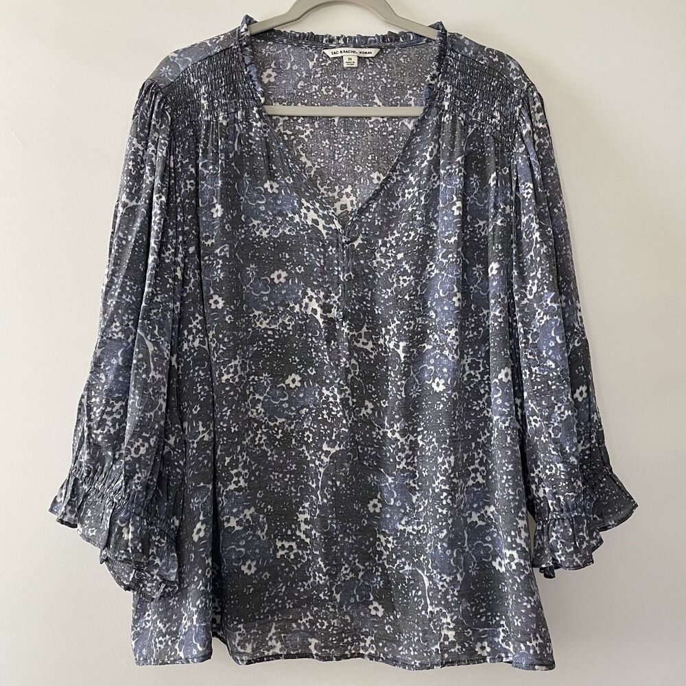 Zac & Rachel Woman Floral Peasant Blouse 3/4 Sleeve Gray Blue Plus Size 3X